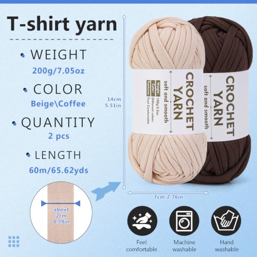 Image of SHWAKK 2 Pack T-Shirt Yarn, Beige, Coffee Brown Crochet Yarn for Crocheting