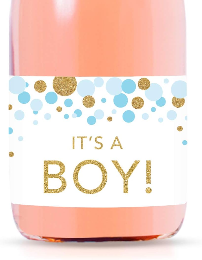 Andaz Press Mini Champagne Wine Bottle Baby Shower Labels, It's a Boy!, Baby Blue Faux Gold Glitter Confetti Dots, 20-Pack, Party Favor Gift Label Stickers Baby Shower