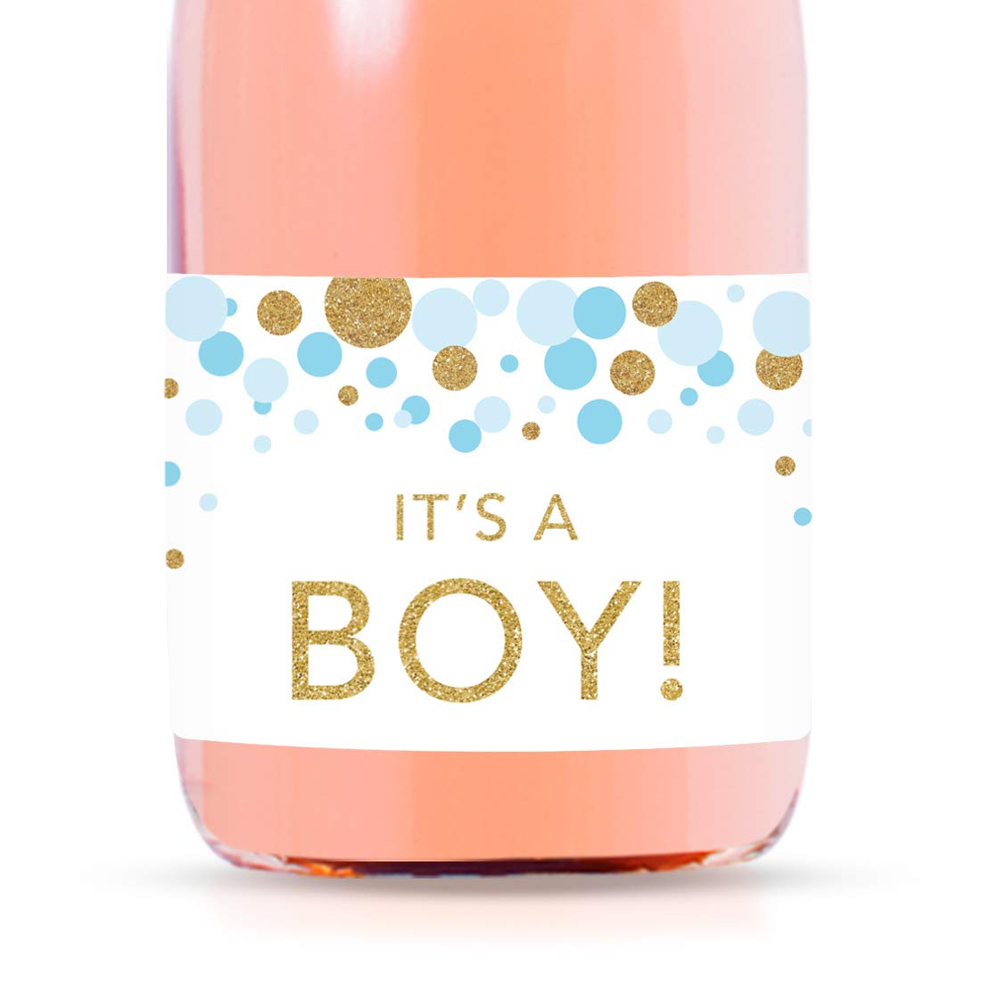Andaz Press Mini Champagne Wine Bottle Baby Shower Labels, It's a Boy!, Baby Blue Faux Gold Glitter Confetti Dots, 20-Pack, Party Favor Gift Label Stickers Baby Shower