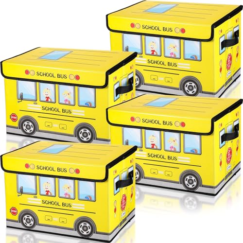 Sweetude 4 Pcs Prize Box for Classroom, School Bus Treasure Chest With Lid, Foldable Storage Organizer Bin for Kids, Teachers, Students - Toy Awards