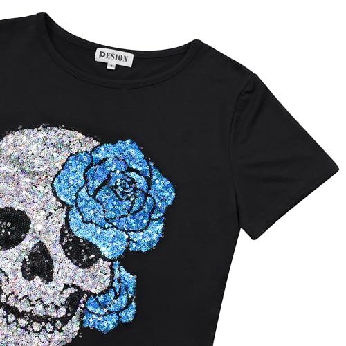 Image of PESION Womens Short Sleeve T-Shirt Sequined Tops O-Neck Funny Graphic Tees Blouse