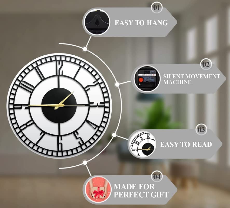 Image of Stylish Metal Wall Clock for Living Room, Bedroom, Office, Kitchen, Home and Hall | Antique Fancy Big Size Modern Wall Watch for Home Decor (Style-2, 60 CM)