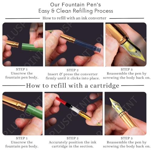 Image of PLUSPOINT Luxury Metal Body Fountain Pen Mat Green Finish Studded stone Clip, Iridium Nib, Rose Gold Trims, Include Ink Converter Gift Set for Men & Women, Executives