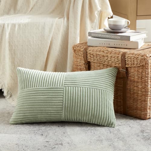 Image of Fancy Homi 2 Packs Sage Green Lumbar Decorative Throw Pillow Covers 20x28 Inch for Living Room Couch Bed, Rustic Farmhouse Boho Home Decor, Soft Striped Corduroy Rectangle Accent Cushion Case 50x70 cm