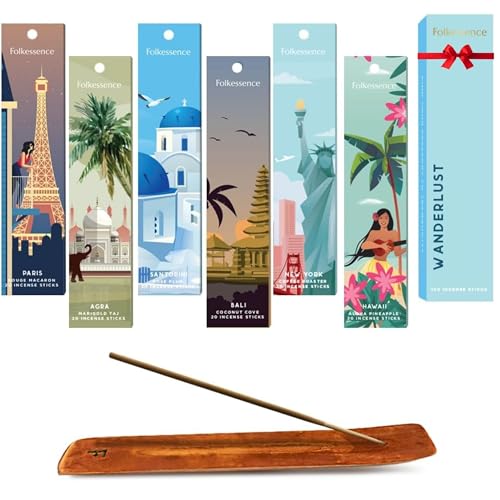 Folkulture Premium Incense Sticks with Holder Set | Set of 6 (120) Organic & Non-Toxic Incense Sticks | Vanilla Caramel, Blueberry, Strawberry & Cinnamon | Gifts for Her and Him