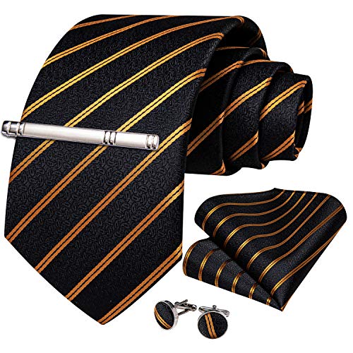 Image of DiBanGu Mens Striped Tie Silk Woven Necktie and Pocket Square Cufflinks Tie Clip Set Wedding Business Formal Gift Tie for Men