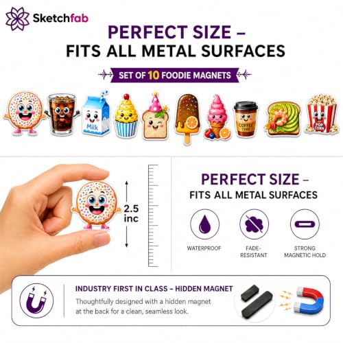 Image of Sketchfab Set of 10 Cute Food Fridge Magnets | Premium 3mm MDF with Invisible Strong Magnet | UV Coated High Gloss Finish | Decorative Kitchen Magnets for Fridge, Whiteboard, Locker, Office & Gift