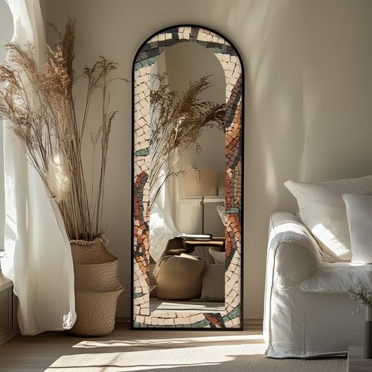 Specchio da pavimento con mosaico toscano da 63,5 x 160 cm (larghezza x altezza), specchio da pavimento rustico a mosaico ad arco con cornice nera e cornice dorata