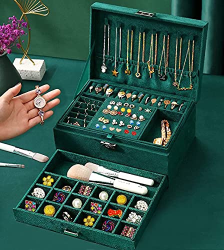MIXEN Jewelry Box,3-Tier Jewelry Display Case and Organizer,Lockable Jewelry Display Case Anti Tarnish,Varying Compartments for Necklaces, Bracelets, Rings (Green)