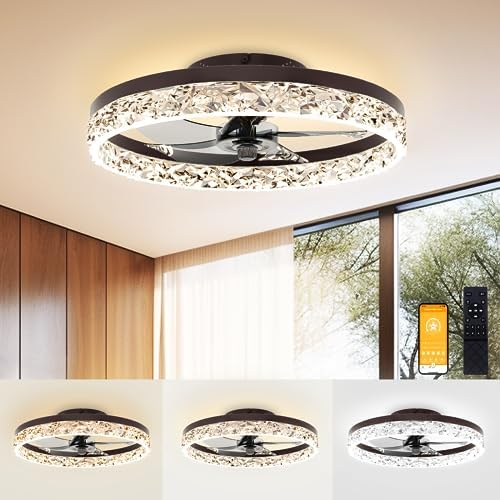 VOLISUN Low Profile Ceiling Fans with Lights and Remote, 19.7in Fandelier Ceiling Fan Flush Mount, 3000K-6500K Smart Bladeless LED Fan Light, Brown Modern Ceiling Fans with Lights for Bedroom