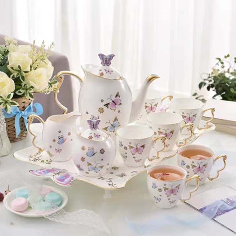 Juego de taza de té y café de 192.8 g, 21 piezas, taza de té en relieve esmaltada de colores blancos con platillo a juego, porcelana fina de hueso, servicio para 6 pulgadas