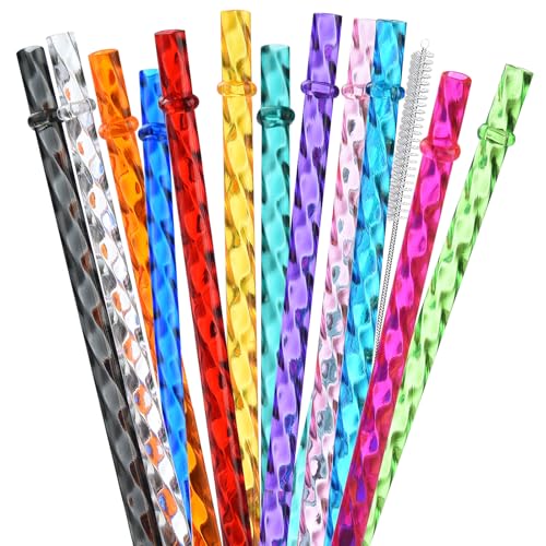 ALINK 12-Pack Reusable Plastic Clear Swirl Straws, 13' Extra Long Colorful Hard Plastic Replacement Straws for 16 OZ 20 OZ 30 OZ Stanley, YETI, Starbucks, Owala Tumblers with Straw Brush