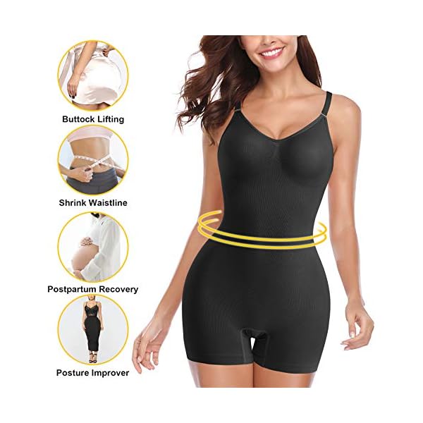 Nebility-Women-Waist-Trainer-Bodysuit-Tops-Slim-Full-Body-Shapewear-Seamless-Sexy-V-Neck-Leotard-Stretchy-Jumpsuit Nebility Women Waist Trainer Bodysuit Tops Slim Full Body Shapewear Seamless Sexy V Neck Leotard Stretchy Jumpsuit (M/L, Black)