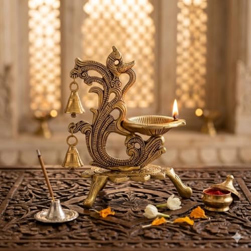 Image of Saudeep India Oxidized Metal Diya for Puja | Brass Oil Diwali Lamp in Peacock Design Perfect Gift Item | Antique Decorative Akhand Diya Home Decor Temple Pooja Room 14x9x20cm (Single Export Quality)