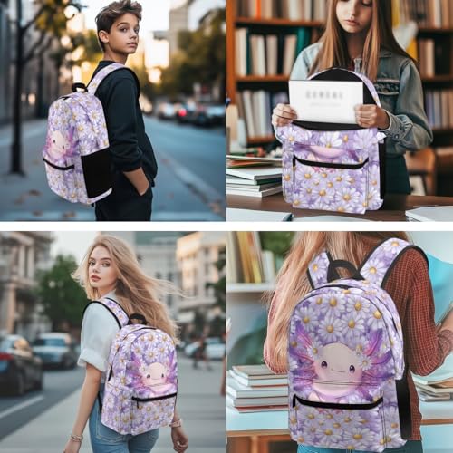 Suobstales Purple Axolotl Daisy Print 5 Pack Kids Backpack with Lunchbox for Toddler Kindergarten School Bag Set with Pencil Case Water Bottle Sleeve Keychain Middle-School Elementary Bookbags2