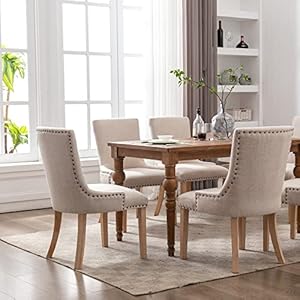 Kcc fabric dining chairs set of 4 upholstered dining room chair with solid wood legsmodern style armless chair with nailhead trim for kitchen beige  urban country home decor