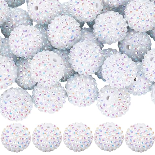 PONABEADIY 1 scatola Da 50 pezzi Da 20mm di Perline di Strass Bianche Rotonde In Resina Lucida, Strass Scintillanti, Cristallo, Palla Da Discoteca, Grosso, Bubblegum, Perline Distanziatrici Sciolte, C