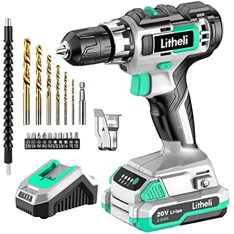 Litheli Cordless Drill Set, 20V Max Power Drill Cordless Set, 3/8” Keyless Chuck, 18+1 Torque Settings, Variable Speed, w/ 2.0 Ah Battery and 1 Hour Fast Charger Included Cover
