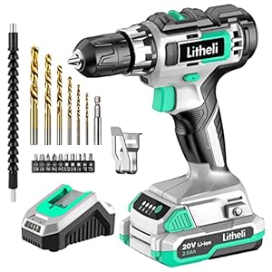 Litheli Cordless Drill Set, 20V Max Power Drill Cordless Set, 3/8” Keyless Chuck, 18+1 Torque Settings, Variable Speed, w/ 2.0 Ah Battery and 1 Hour Fast Charger Included