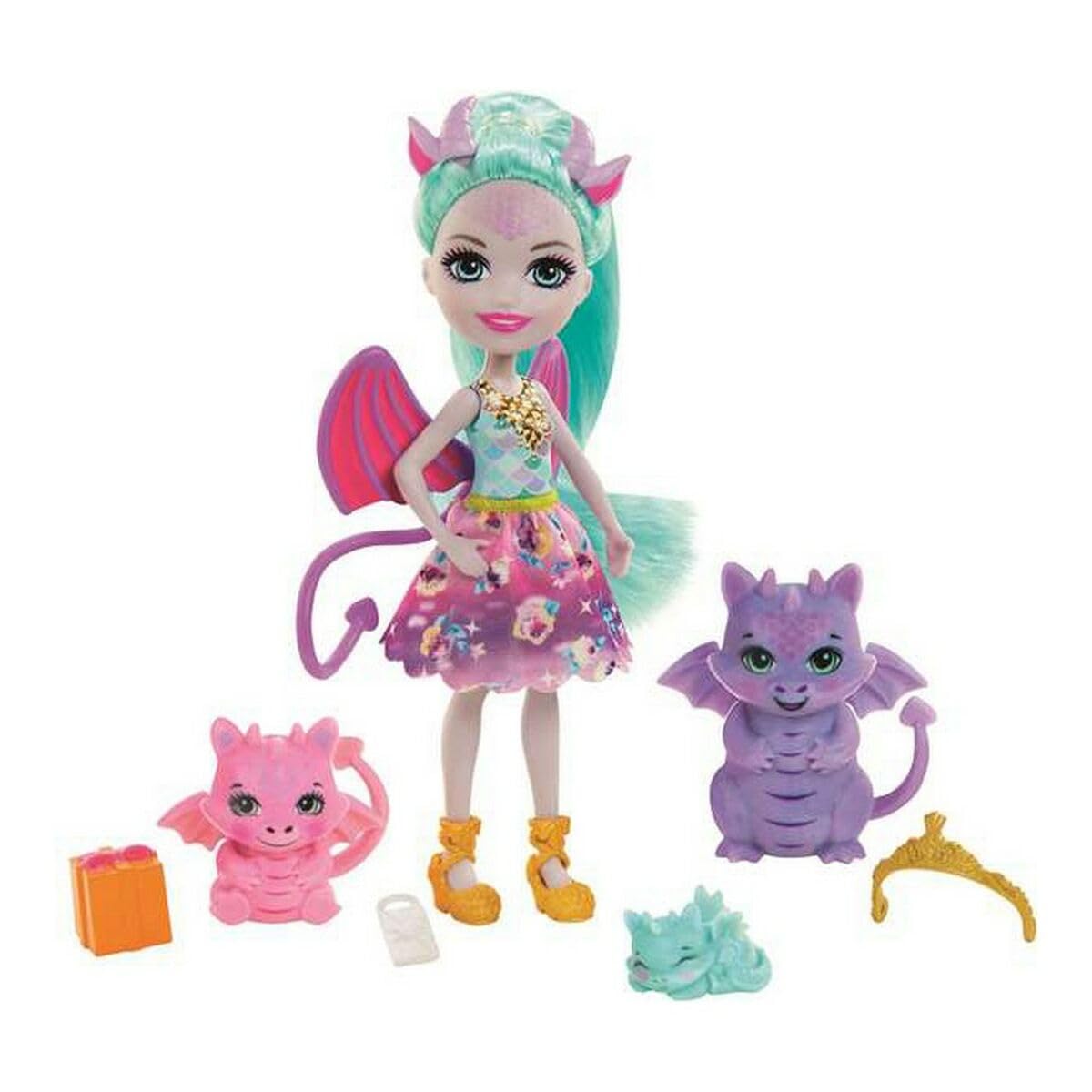 Enchantimals Royal Muñeca invitada con Regalos con Familia de Dragones de Juguete