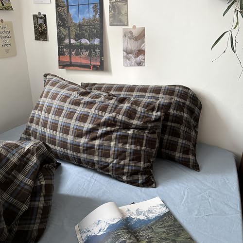 Image of mixinni Vintage Brown & Blue Buffalo Plaid Duvet Cover Set Twin XL Size - 3 Piece Washed Cotton Bedding Set with Grid Pattern, Soft & Breathable Duvet Cover with Pillowcases for Boys, Men& Women