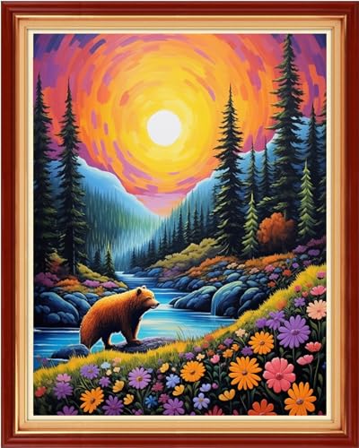 Image of Dimxvean Stamped Cross Stitch Kits,Cross Stitch Kits for Adults Beginners,Embroidery Kits Full Range of Cross Stitch Stamped Kits Needlepoint Kits Cross Stitch Patterns-Sunrise Brown Bear 16x20 inch