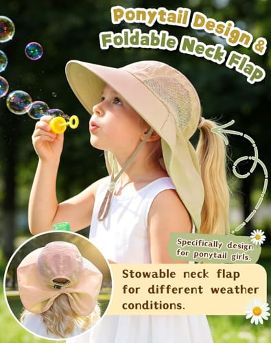 Image of Rosoz Kids Sun Hat with Neck Flap UV Protection Summer Toddler Beach Hat Unisex Ponytail Hat Wide Brim Fishing Hat
