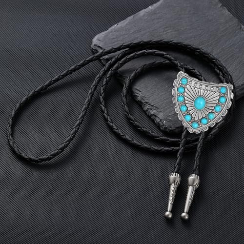 Image of AZORA Western Cowboy Bolo Tie Men Leather Necktie Leather Cord Turquoise Stone Bolo Ties for Men Women