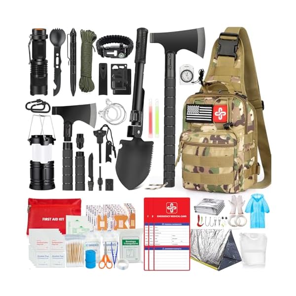 Survival-Kit-262Pcs-Survival-Gear-and-Supplies-with-First-Aid-Kit-Pouch-and-Crossbody-Bag-Emergency-Kit-with-Tent-Camping-Axe-Hammer-Survival-Shovel-wPick-Bug-Out-Bag-Gifts-for-Men-Women Survival Kit, 262Pcs Survival Gear and Supplies with First Aid Kit Pouch and Crossbody Bag, Emergency Kit with Tent, Camping Axe Hammer, Survival Shovel w/Pick, Bug Out Bag Gifts for Men Women