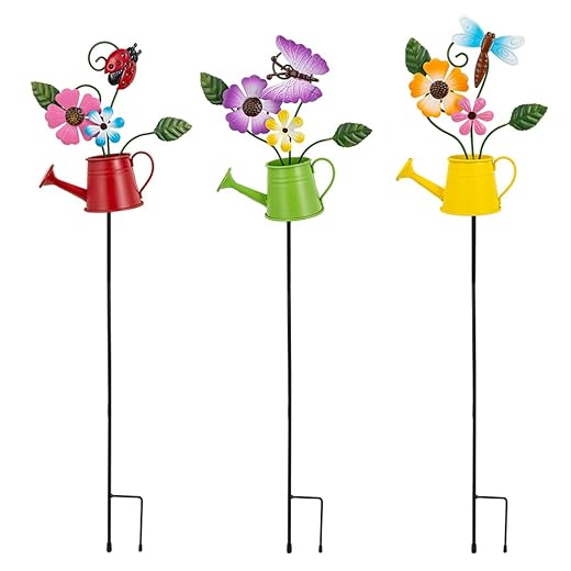 Stargarden 3 Pack Decorative Garden Stakes, Flower Metal Garden Stakes, Waterproof Lawn Ornaments Garden Decor Gifts for Mom, Women