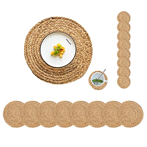 Image of Round Placemats Set of 8 with 8 Coasters Natural Water Hyacinth Woven Placemats Farmhouse Braided Place Mats Boho Straw Placemat Wipeable Wicker Outdoor Place Mats for Patio Table 13.4''