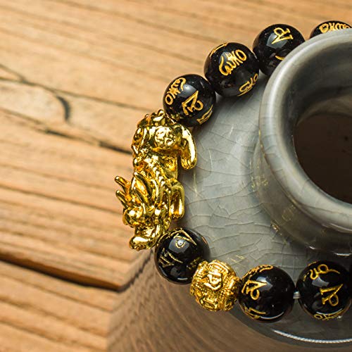 Feng Shui 14mm Black Hand Carved Mantra Beads Bracelet with 1 Golden Pi Xiu/Pi Yao and 1 Golden Mantra Bead Attract Lucky Wealthy 5