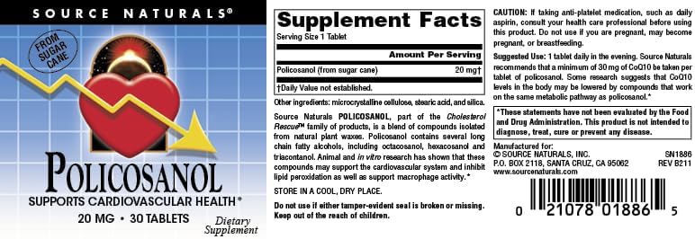 Miniatura 4 de Source Naturals Policosanol, apoya la salud cardiovascular* Tableta de 20 mg, 30 unidades