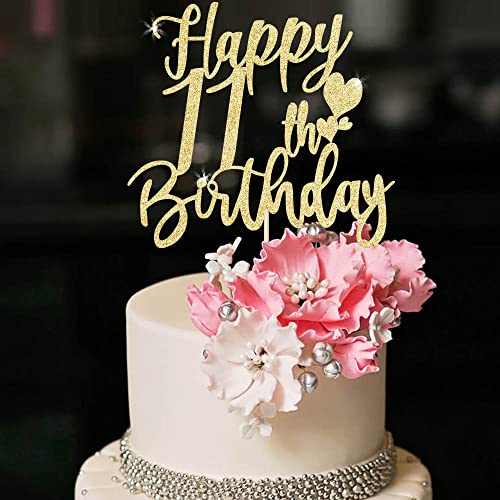 Yuinyo 11Th Handmade Glitter Happy Birthday Cake Topper, Cheers To 11Th Birthday Cake Bunting Decor,Eleven Birthday Party Decoration Supplies (Gold) (Gold) #TOP2