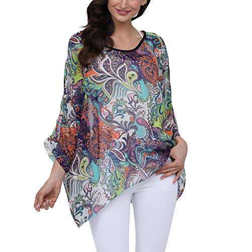 Image of Ckikiou Plus Size Batwing Flowy Semi Sheer Chiffon Blouse Tunic for Women Summer Floral Print Boho Beach Cover ups