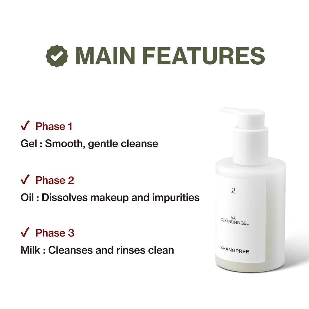 Shangpree AA Cleansing Gel, 3-Phase Cleanser Gel to Oil to Milk, Gentle Deep Cleansing and Hydrating Finish, Removes Makeup, For Sensitive Skin, 200ml / 6.76 fl.oz.