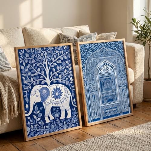 Image of Livin'luxe Set of 2 Blue Elephant Arch Wall Paintings for Living Room Bedroom Home Decor with Premium Wooden Color Synthetic Frame (13.5 x 19.5 Inch) NM02-59