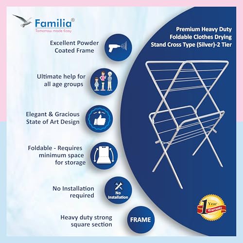 Image of Familia Premium Foldable Clothes Drying Stand (Cross Type 2-Tier - Silver)