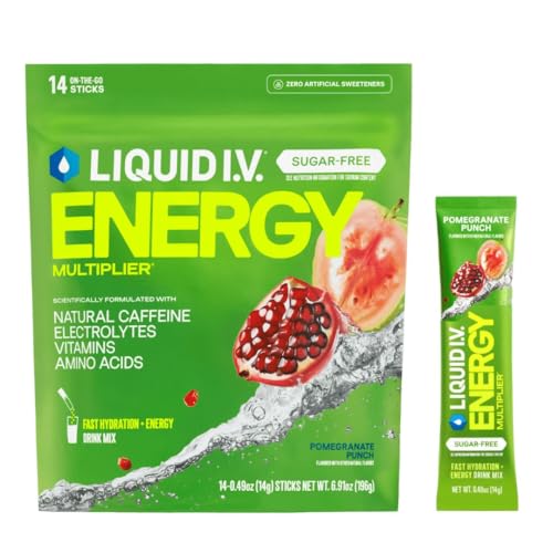 Liquid I.V. Hydration Multiplier Sugar Free + Energy - Pomegranate Punch | Electrolyte Powder Drink Mix | 1 Pack (14 Servings)