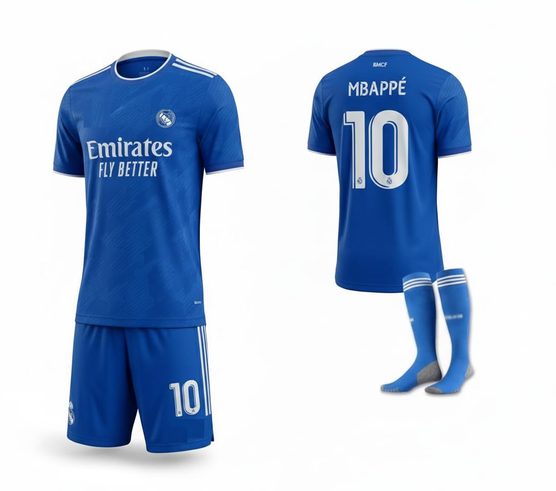 Mbappe Reals-Madrid Mbappe No10# Football Jersey KIds Boys youth and Mens Football Suit matching socks XL Blue