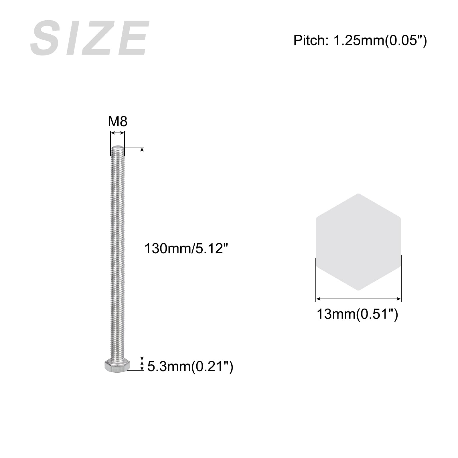 METALLIXITY Hex Bolts (M8-1.25x130mm) 5Pcs, 304 Stainless Steel Coarse Fully Threaded Hex Head Screw Bolt Machine Screws - Image 2