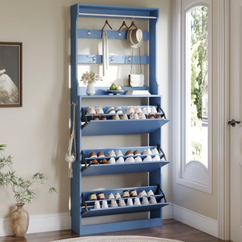 Image of Shoe Cabinet for Entryway with 3 Flip Drawers, Blue Tall Shoe Storage Cabinet with Coat Rack, Wood Narrow Slim Hidden Freestanding Shoe Rack Organizer, 2 in 1 Hall Tree for Living Room, Hallway