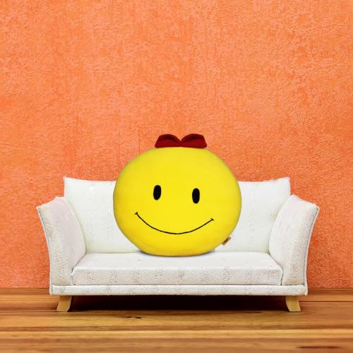 Image of Smiley Face Cushion with Red Bow, Yellow, Soft Plush Toy 25 cm