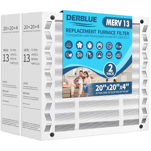 DerBlue 2PACK 20x20x4 MERV 13 Furnace Filter Replacement Compatible with Honeywell FC100A1011 Pleated HVAC Foldable Design for Easy Installation & Space-Saving(Actual Size: 19.94 x 19.75 x 4.38 In)