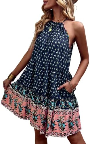 ROYUNA Women's Halter Tank A-Line Casual Mini Dresses with Pockets Floral Sleeveless Vacation Party Summer Short Dress 2023 Navy Blue