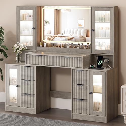 ANYMAPLE 55" Vanity Desk with Mirror & Lights, Fluted Makeup