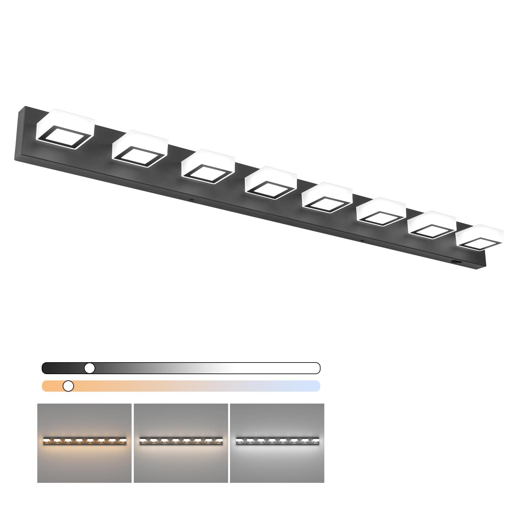 Ralbay 52inch Black Vanity Lights 8 Lights Dimmable 5 Color Temperature Acrylic Modern LED Bathroom Vanity Lighting Fixtures Matte Black