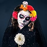 Wjiang Halloween Headband with Black Lace Veil, Skull Mesh Lace Headband Day of The Dead Rose Flower