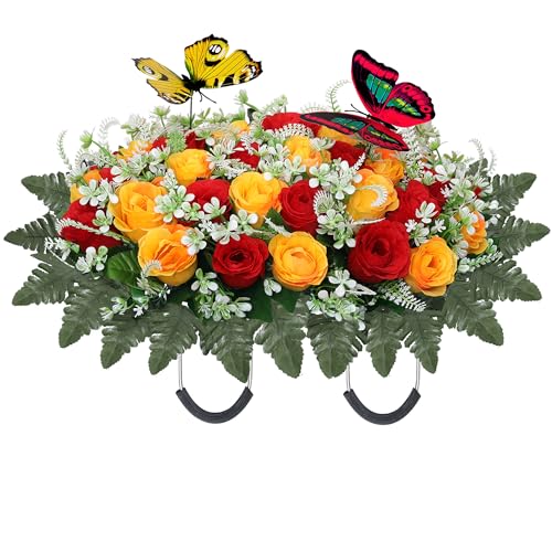 Artificial Cemetery Flowers for Grave,Large Headstone Flower Saddle Realistic Grave Flowers Memorial Silk Rose Flowers with Butterflies for Headstone Grave Decoration Non-Fading Easy Fit (Red Yellow)
