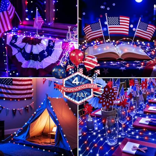 Image of btfarm 4th of July Patriotic Fairy Lights Battery Operated, 12 Pack Red White Blue 3 Modes Twinkle String Lights, 7ft 20 Led Independence Day Mini for Mason Jars Vases Table Centerpiece Decoration